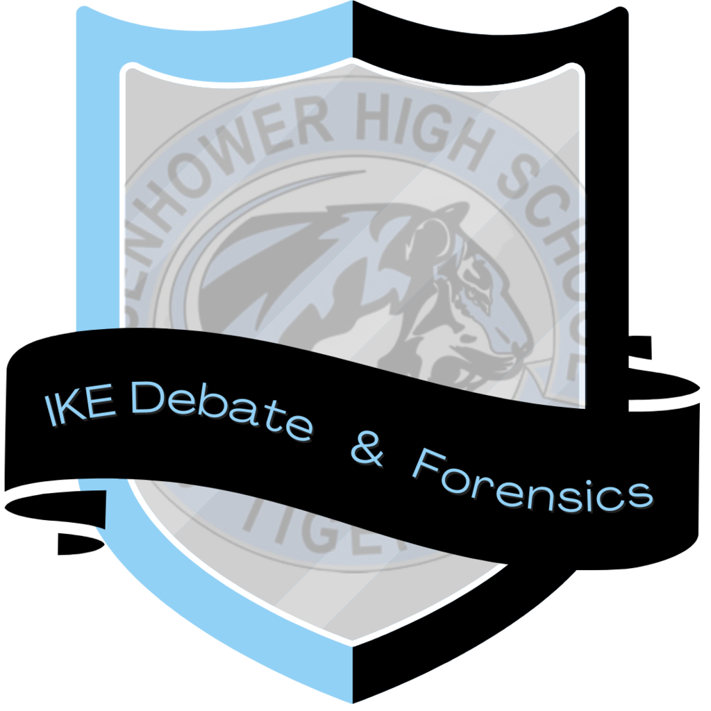 background:  white with blue & black shield with black banner, EHS circle logo;  text:  IKE Debate & Forensics