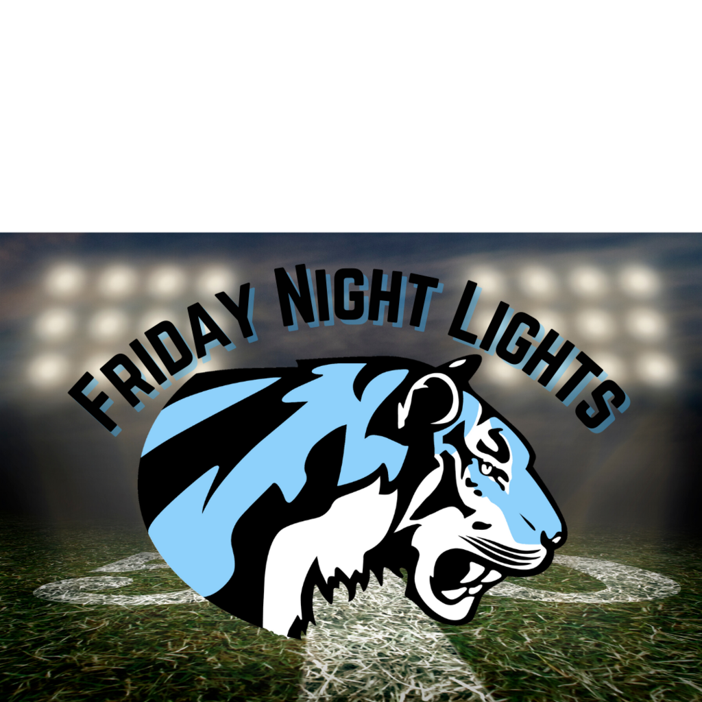 background:  black and white football with blue and white text and blue tigers head;  text:  Friday Night Lights
