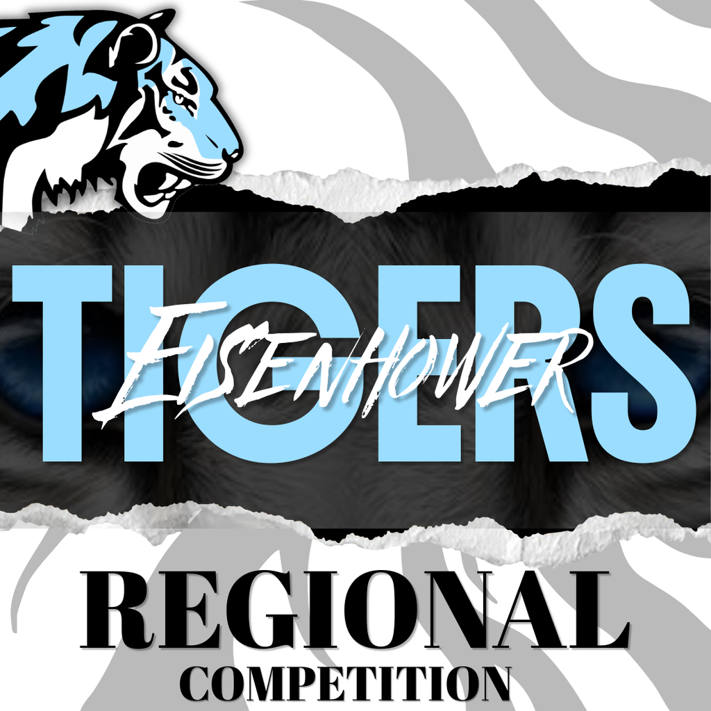 background:  faded white tiger, torn swatch in middle of page, blue tiger head logo in upper left corner;  text:  blue-Tigers, white-Eisenhower, black-regional competition