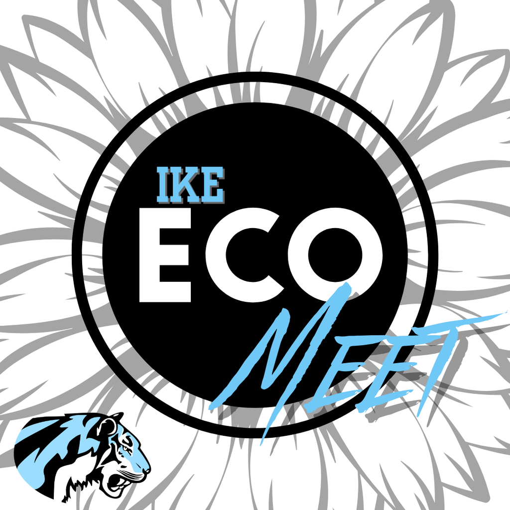 background: faded black & white sunflower with black center, tiger head logo; text: IKE Eco Meet