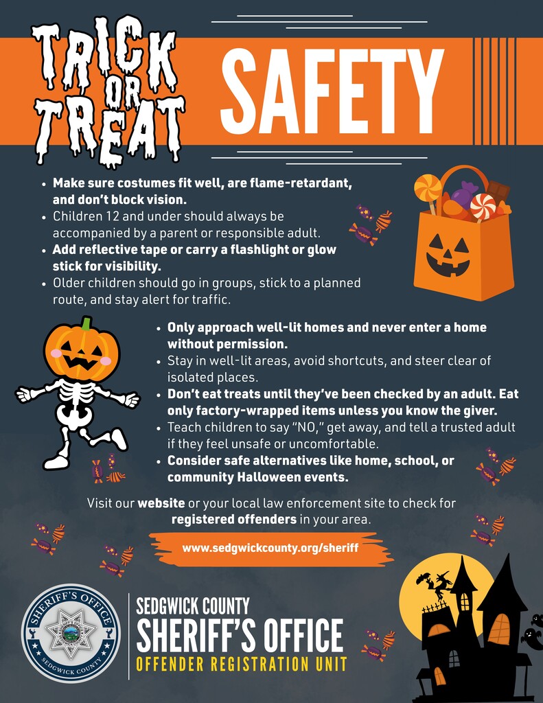 Halloween safety poster from the Sedgwick County Sheriff’s Office, with bold orange-and-white lettering, a trick-or-treating skeleton, pumpkin, and haunted-house scene. It lists costume and street-safety tips in a cautionary, community-focused tone.