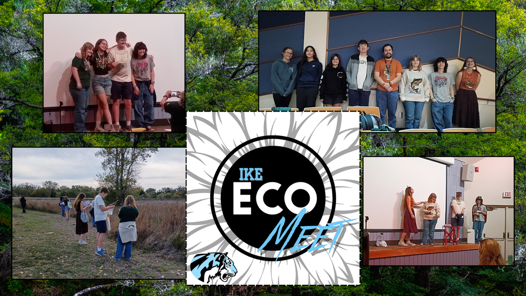 bacground: green trees, 1 photo with EHS EcoMeet team lined up in front of a blue wall, 1 picture of students out in nature, 2 photos of students on stage, EcoMeet logo of black and white sunflower, blue tiger head logo; text: IKE Eco Meet