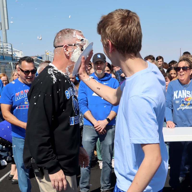 Pi day wouldn't be complete without at least one person getting a pie in the face. Principal Doug Bridwell  was the lucky recipient to end the festivities. 