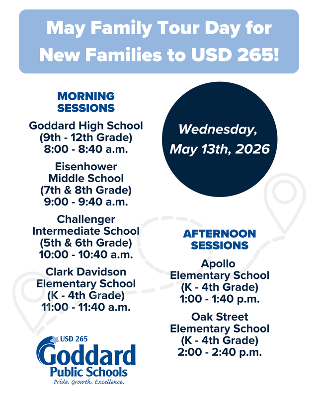Announcement for May Family Tour Day at USD 265 on May 13, 2026. Morning and afternoon sessions for different schools and grades are listed.