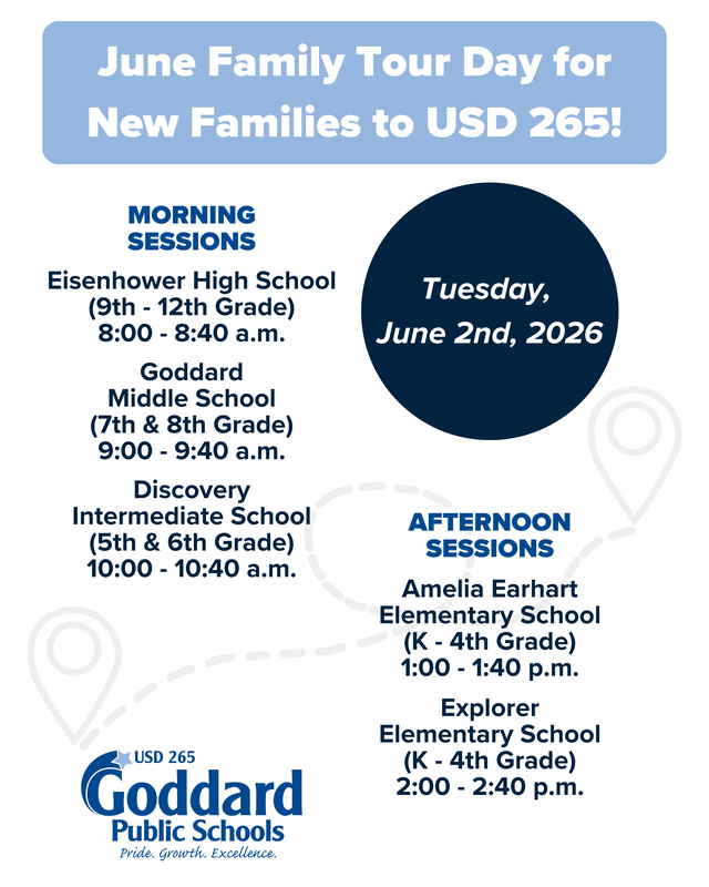 Informational flyer for June Family Tour Day at Goddard Public Schools on June 2, 2026, listing morning and afternoon tour sessions for various school levels.