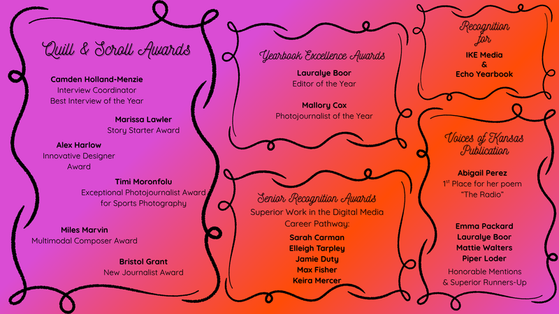 background pink, orange with lists of award winners