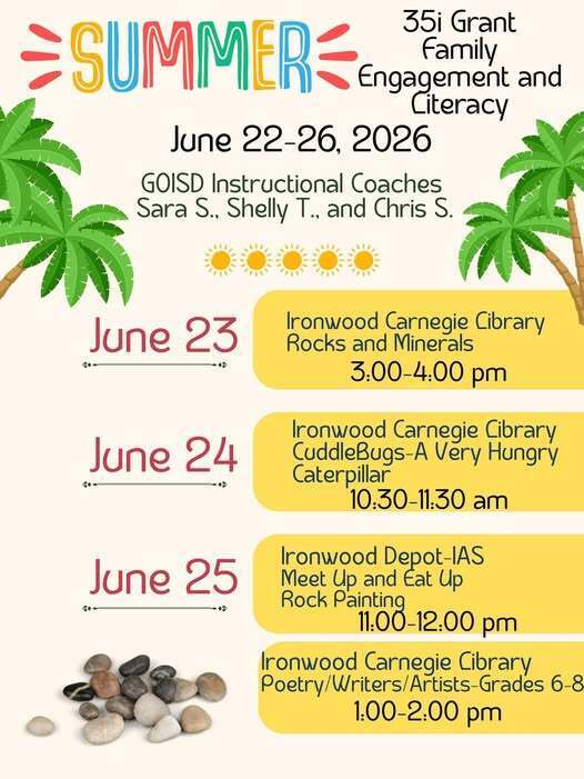 Poster describing 35i grant funded summer literacy programming at the Ironwood Carnegie Library and Ironwood Depot June 23, 24, and 25