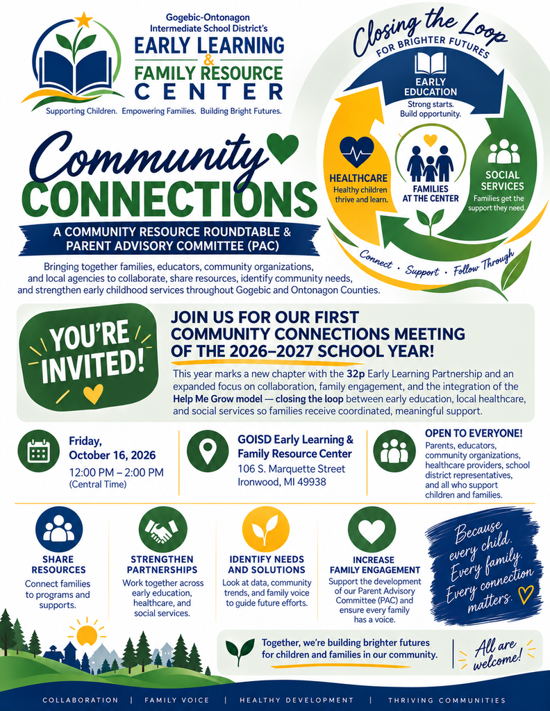 GOISD's Early Learning & Family Resource Center: Community Connections Meeting , A Community Resource Roundtable & Parent Advisory Committee. Friday, October 16, 2026 from 12-2pm central time in Ironwood