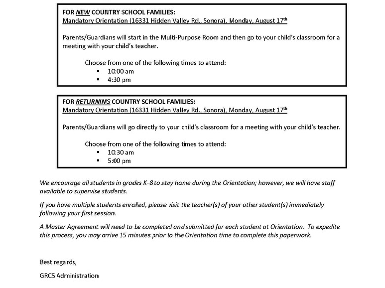 Information about orientation taking place August 17