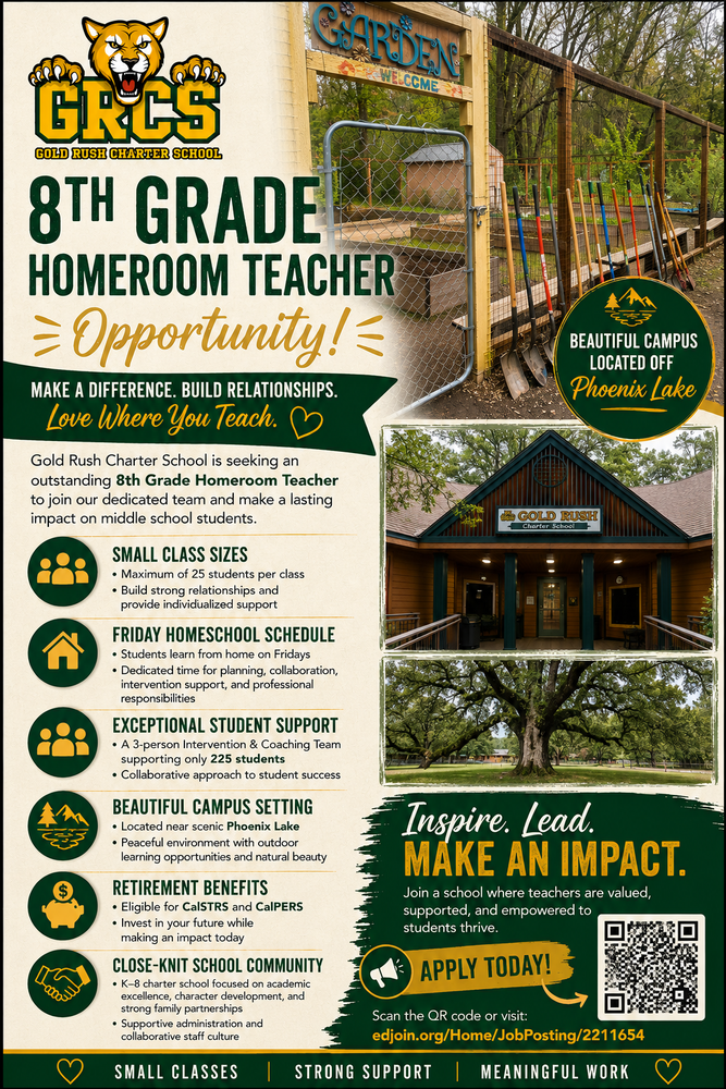 A flyer soliciting applicants for an 8th grade homeroom teaching position 