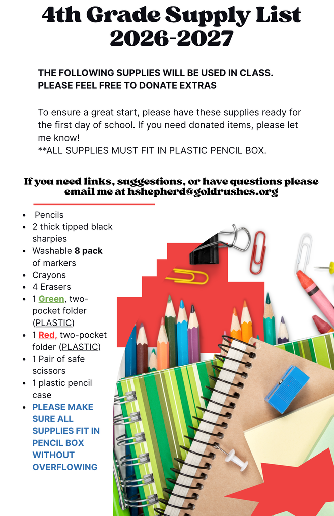 📚 4th Grade Supply List ✏️  Here is the 4th Grade Supply List!  If you don’t see your grade’s supply list posted on the website by the end of this week, don’t worry! You will receive a copy at Orientation.  Thank you! 🖤💛🐾