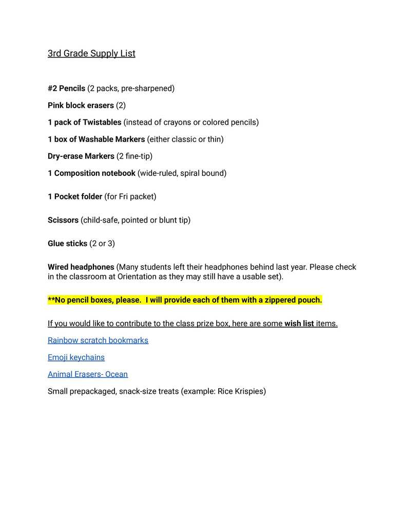 3rd grade supply list 
