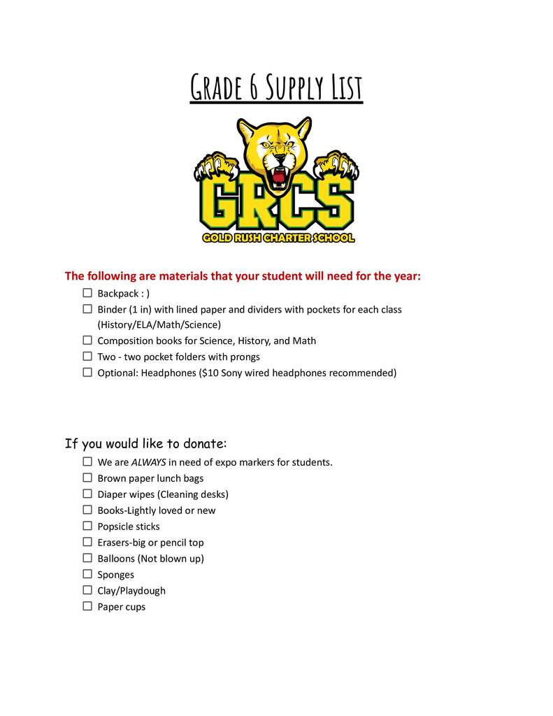6th grade supply list