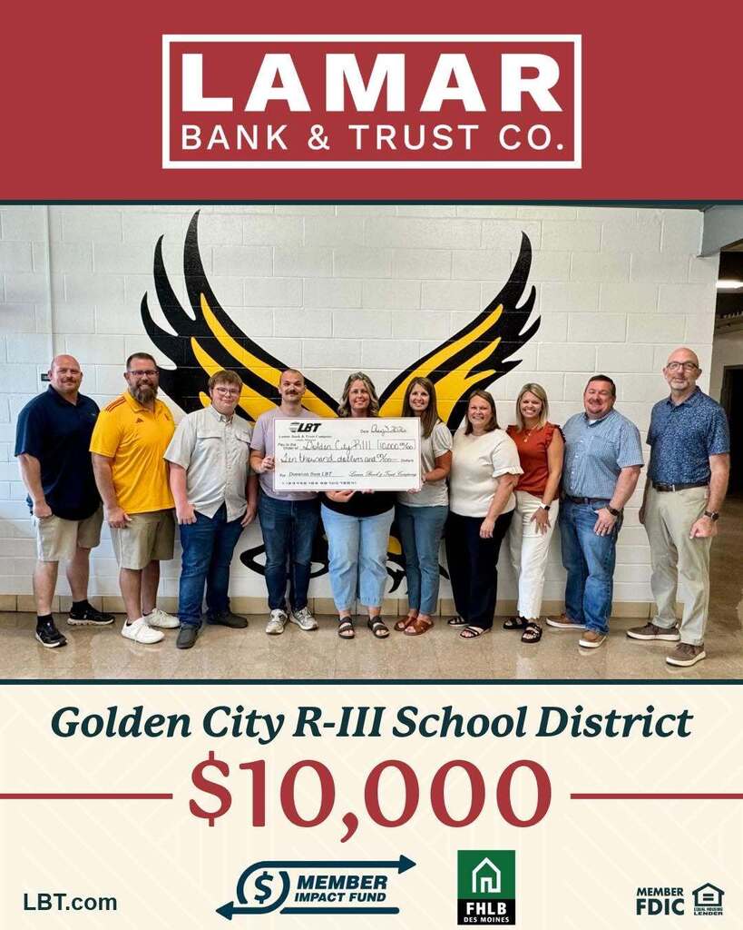 Our next grant recipient is… Golden City R-III School District! 🎶💛🖤 We are honored to partner with the Federal Home Loan Bank of Des Moines to present a $10,000 Member Impact Fund grant to Golden City R-III School District! The funding will support new band equipment and uniforms, providing resources for Golden City’s growing band program while supporting student participation, music education and school pride. “Golden City R-III is proud to partner with Lamar Bank and Trust in investing in the students of our community. Support from local businesses makes a meaningful difference in the opportunities we can provide our students. This grant is more than an investment in instruments and uniforms—it is an investment in our students, music education, school pride, and the future of our community. By supporting our growing band program, Lamar Bank and Trust is helping ensure our students have the resources they need to learn, perform, and represent Golden City with pride. Thank you to Lamar Bank and Trust for believing in our students and for being a valued partner of Golden City R-III School District.” — Dennis Kimzey, Superintendent This grant is part of $130,000 being invested in our local communities through LBT’s partnership with FHLB Des Moines’ Member Impact Fund. We’re proud to help bring funding back home and invest in opportunities that allow our local students to learn, perform and represent their communities with pride. 🎶 Congratulations, Golden City R-III School District! 👏 #LBT #LamarBank #ABetterWayToBank #LockwoodBank #StocktonBankComingSoon #SpringfieldLPO