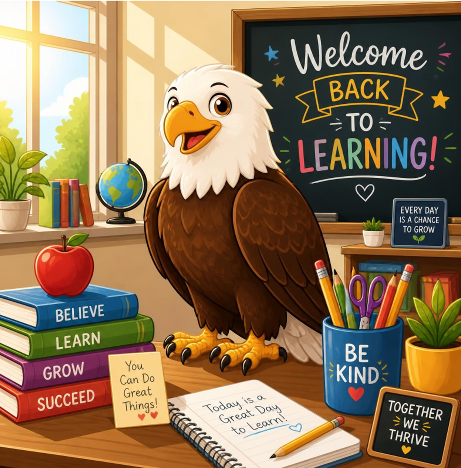 Picture of eagle standing on a desk with a Welcome back to learning sign in the background.