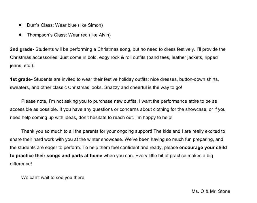 Winter show letter to families