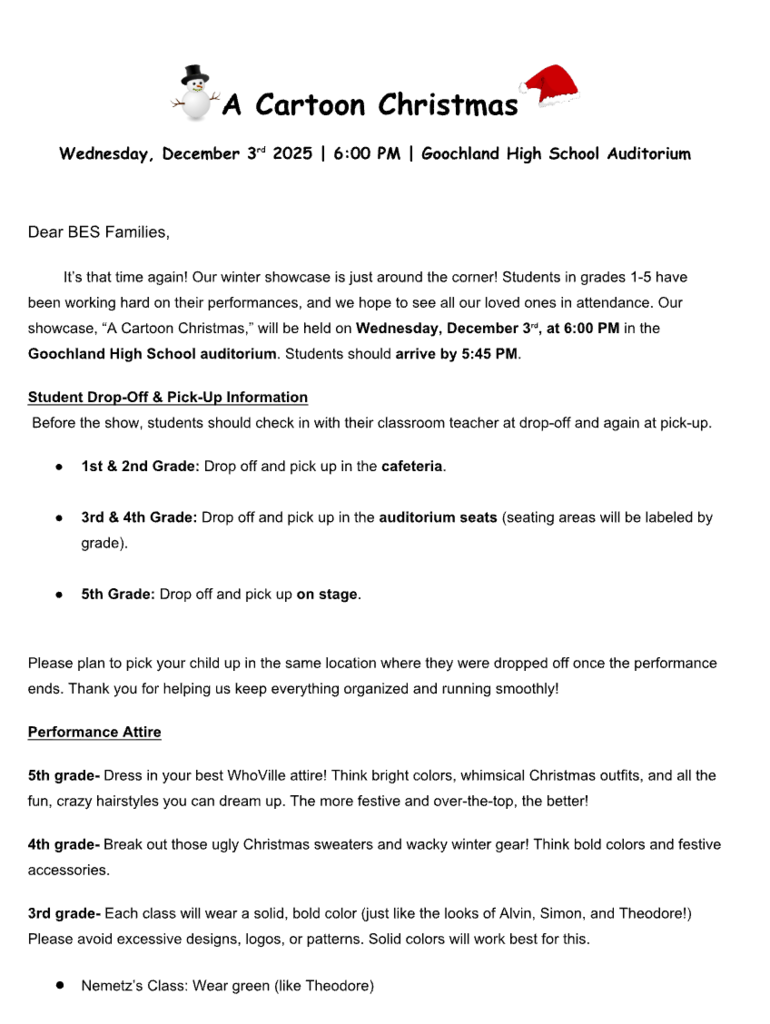 Winter show letter to families