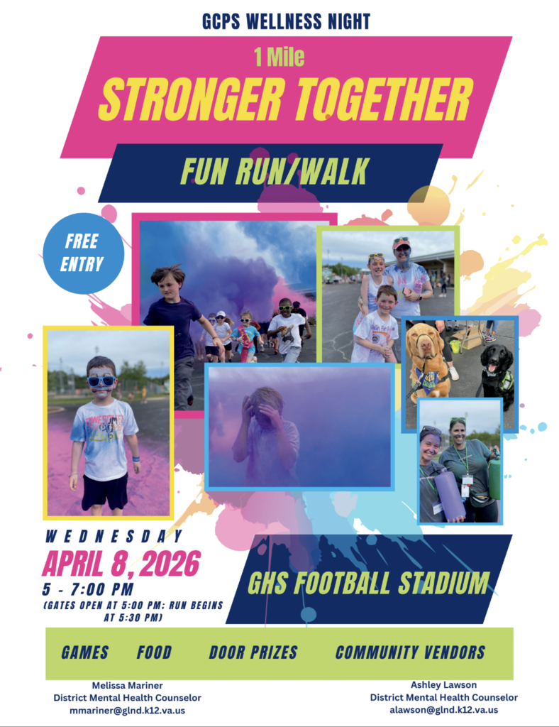 GHS Stronger Together Walk - April 8, 2026 from 5-7PM at the GHS stadium - photos of students covered in colorful powder, smiling, and walking/running with school counselors and therapy dogs