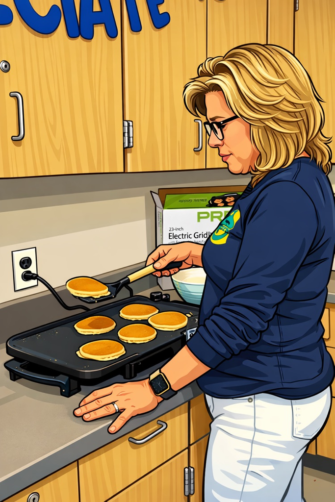 Mrs McCay flipping pancakes