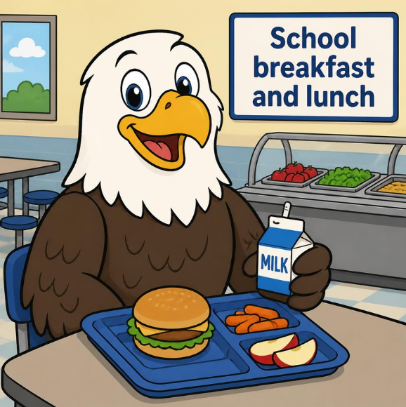 An eagle eating school breakfast and lunch.