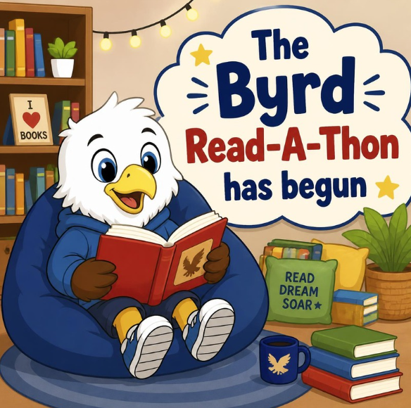Image of an eagle reading, and it says The Byrd Read-a-Thon as begun.