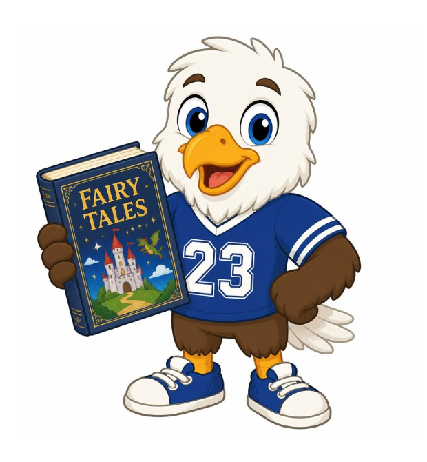 A clipart eagle wearing a jersey and holding a fairy tale book.