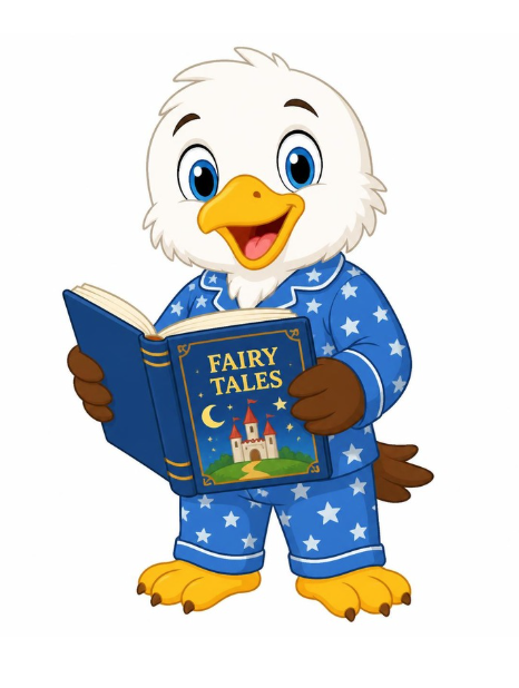 An image of a clipart eagle in his pajamas and holding a fairy tale book.