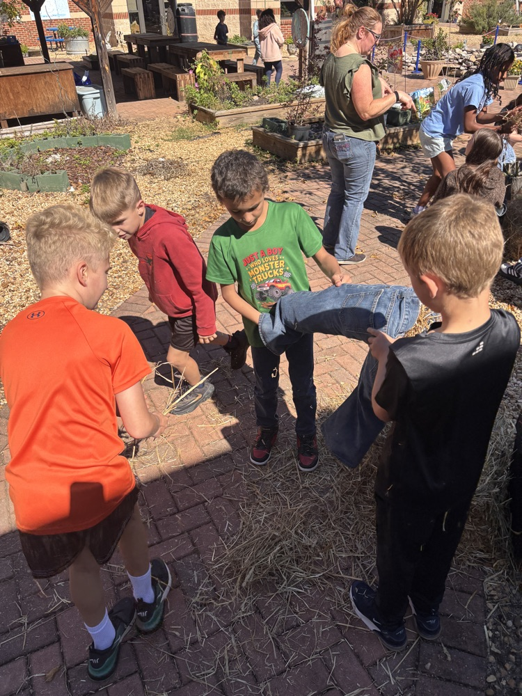 A group of students works together to stuff their scarecrow