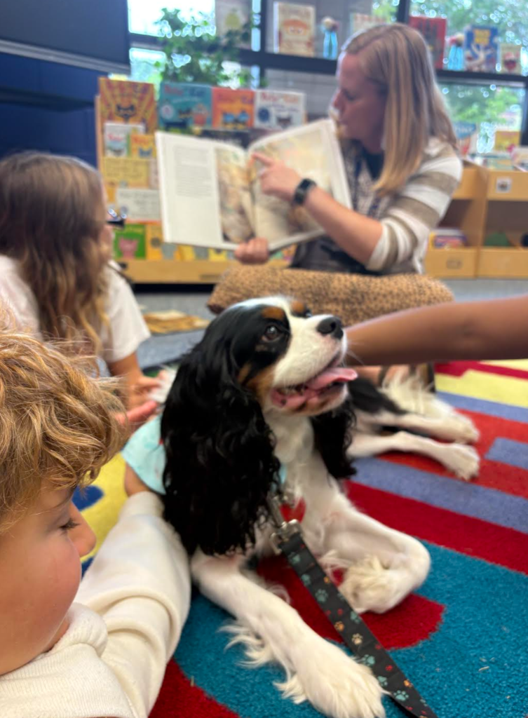 Students petting Dawson while they listen to a story