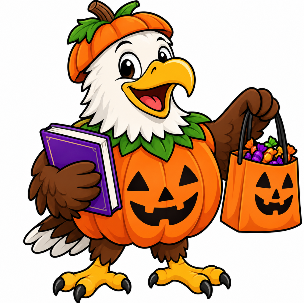 A clipart eagle wearing a costume and holding a treat bag and book.
