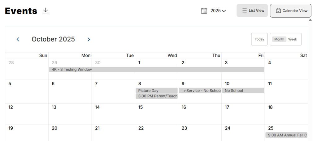 Calendar view of events tab