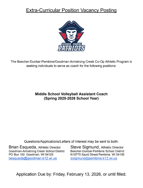 MS Volleyball Assistant Coach for Spring 2025/2026 school year