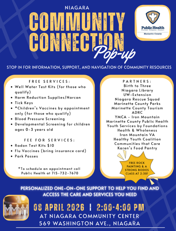 April 8th, 2026 - Community Connection Pop Up at the Niagara Community Center from 2 - 4 pm