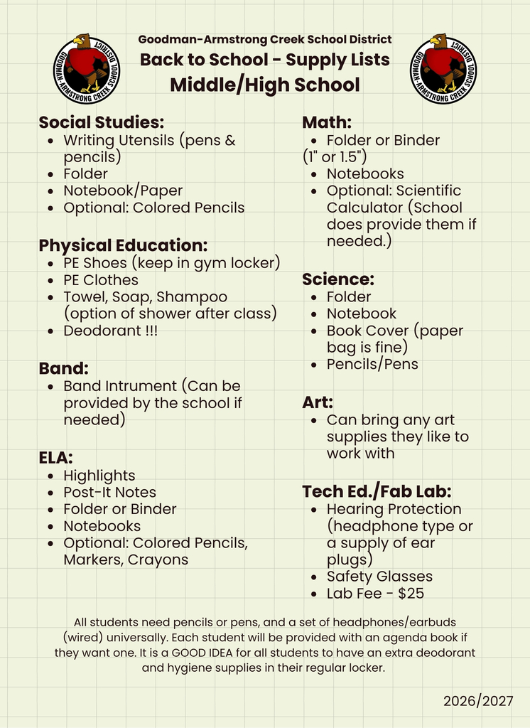 School List for MS/HS 