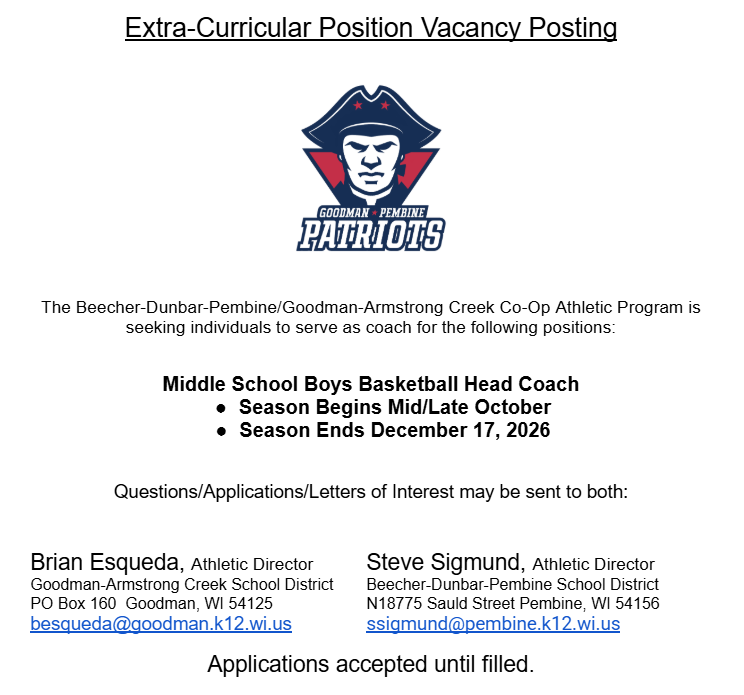 Middle School Boys Basketball Coach Posting. Describes the details and information for the position. 