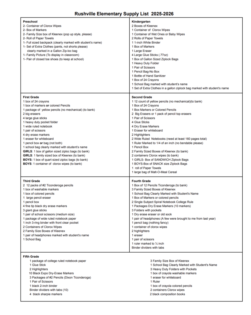 Rushville Elementary School Supply List 