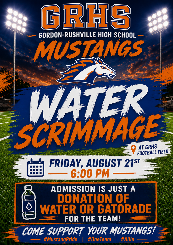 Friday the 21st , the GRHS Football team will be having their annual water/gatorade scrimmage at 6pm at the football field.  Admission is just water or gatorade for the team's season.