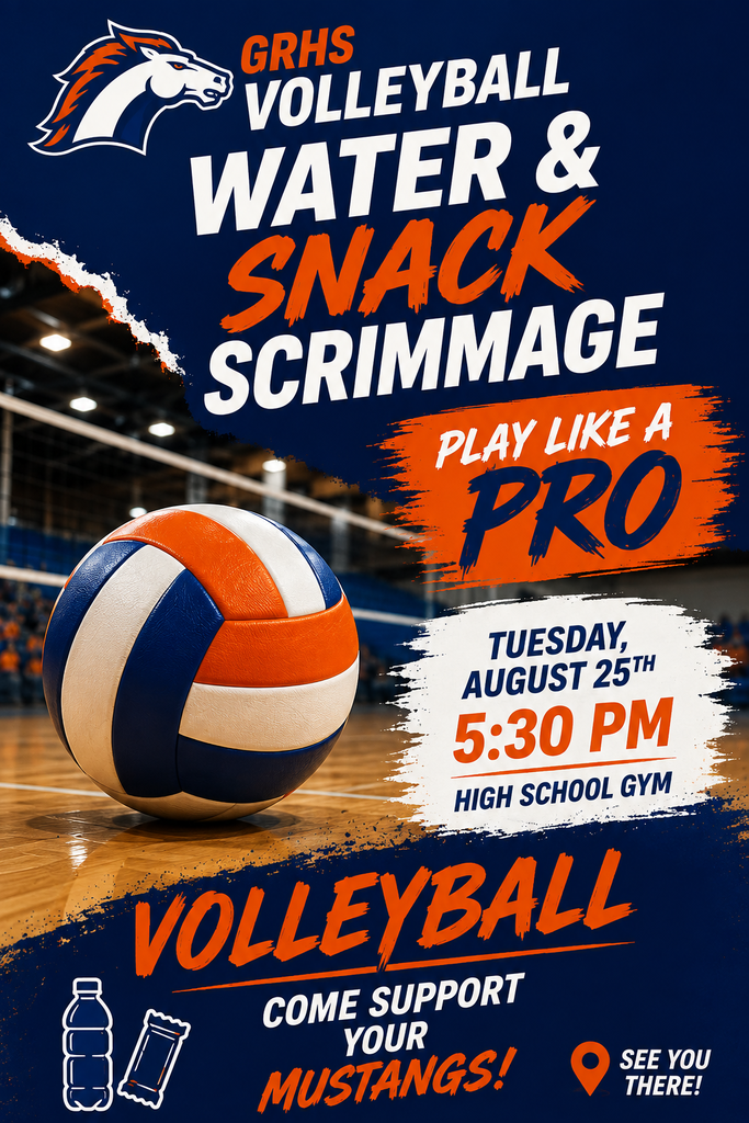 Come support the volleyball team and have some fun at the GRHS Volleyball Water/Snack scrimmage at 5:30pm on Tuesday August 25th.  Admission is a donation of water or snacks for the team's season.
