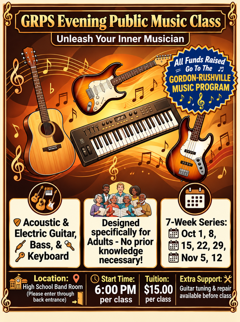 🎶 Ready to unleash your inner musician? Join the GRPS Evening Public Music Class! 🎸 Instruments: Acoustic & Electric Guitar, Bass, or Keyboard 👥 For: Adults (Total beginners & skill-refreshers welcome—no prior knowledge needed!) Check out Flyer for more details