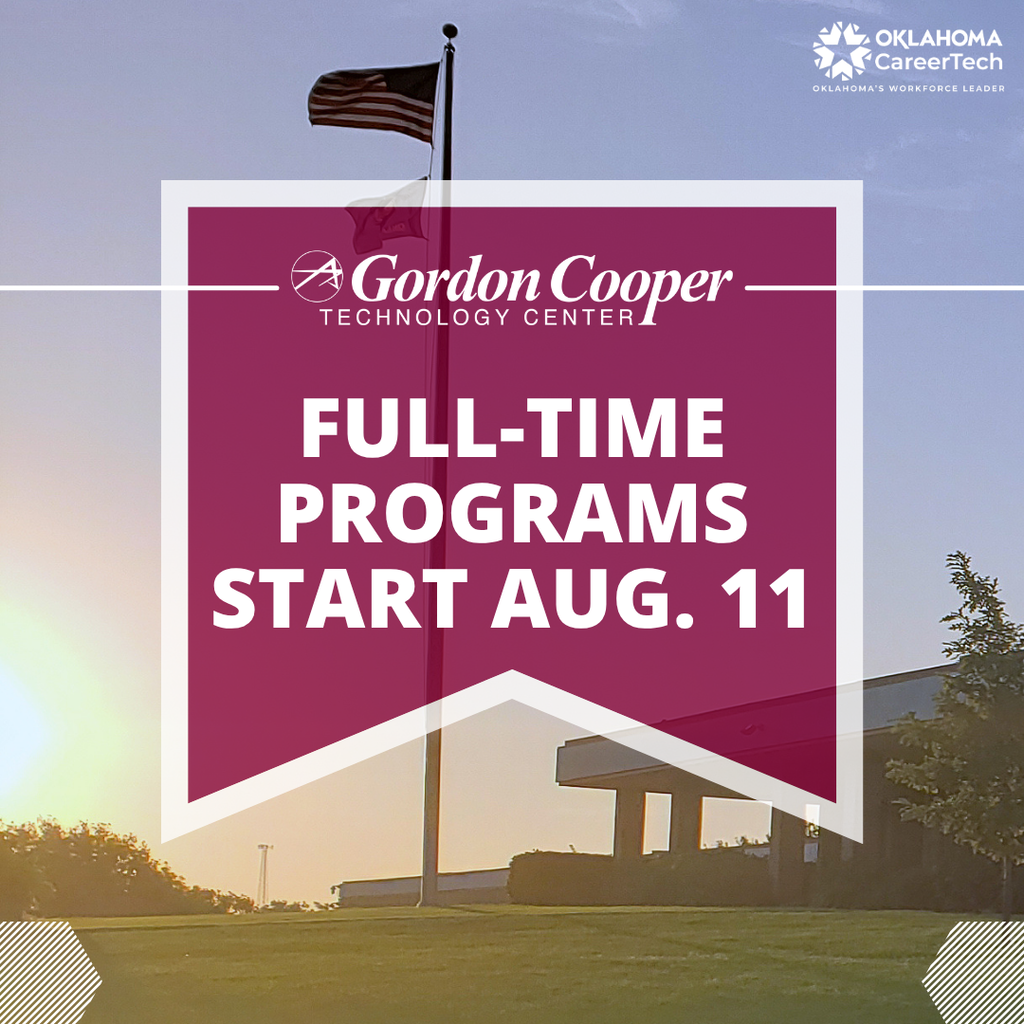 Photo of Gordon Cooper Technology Center's Shawnee campus with graphic announcing the first day of full-time programs on August 11.
