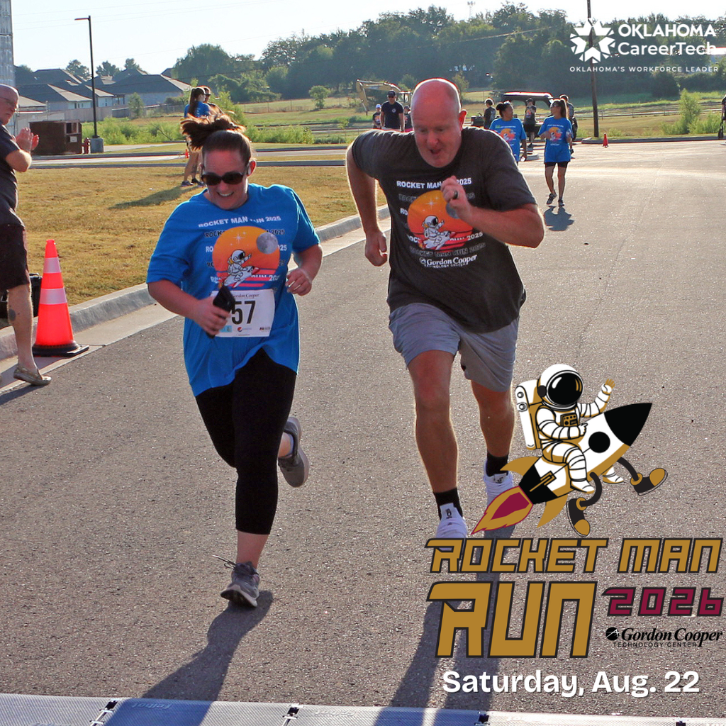 Gordon Cooper Technology Center staff members race across the finish line at the 2025 Rocket Man Run