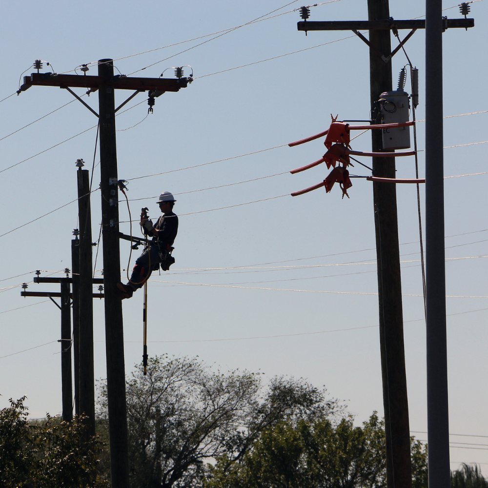 A student in the GCTC Lineworker Training program climbs a pole