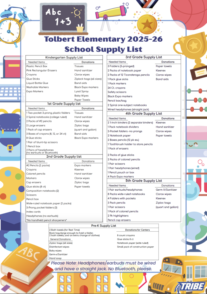 The Tolbert Elementary 2025–2026 School Supply List is here! Download it now: https://5il.co/3jfa4 Get a head start — the BEST school year is just around the corner! #TolbertElementary #BackToSchool #SchoolSupplies2025 #BEST
