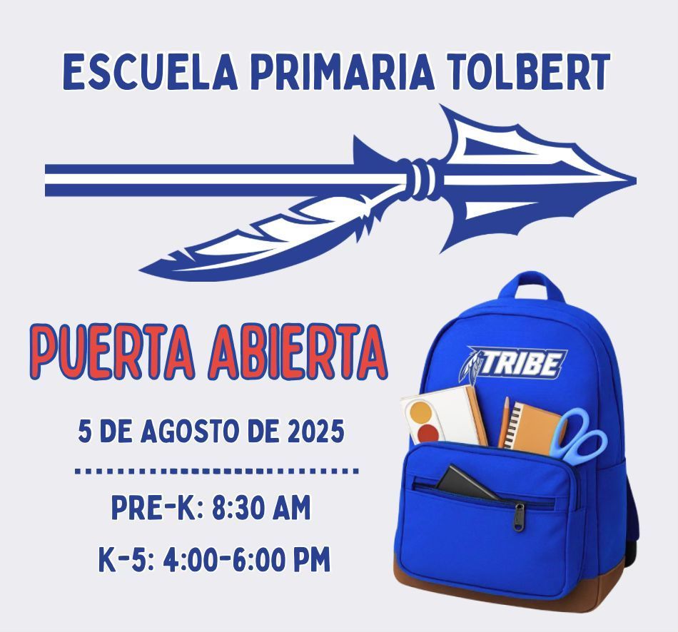 Open House flyer with arrow and blue backpack