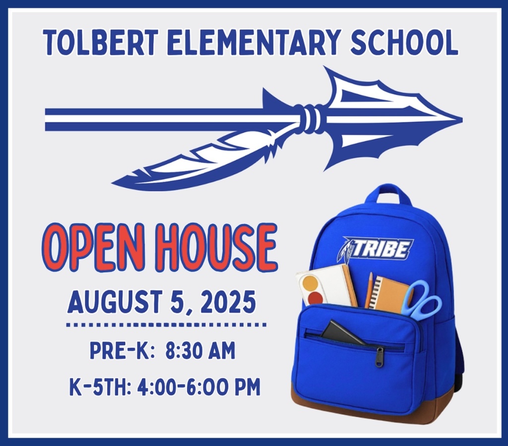 Open House flyer with arrow and blue backpack