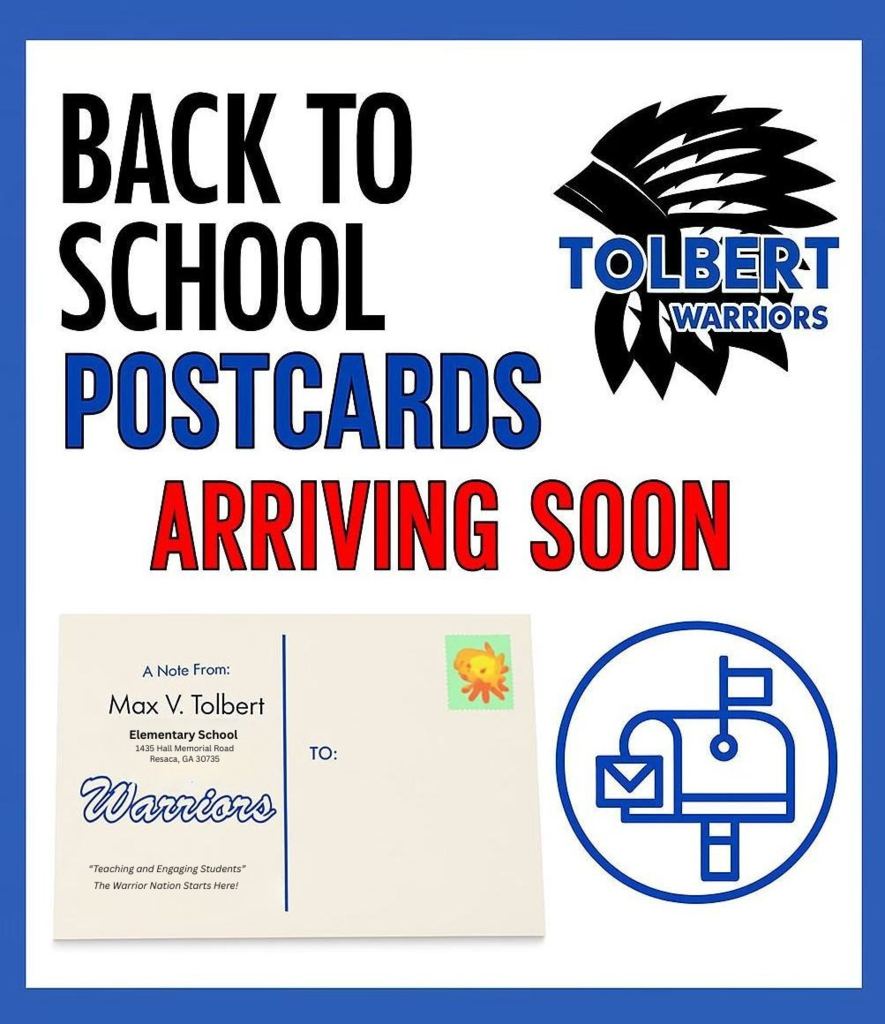 BACK TO SCHOOL POSTCARD ARRIVING SOON FLYER WITH POSTCARD PICTURE - COLORS ARE BLUE, BLACK, AND RED