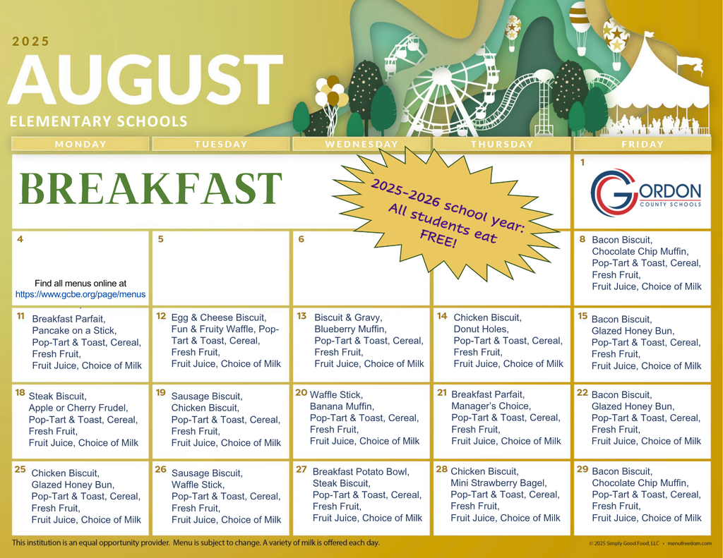 Elementary school breakfast menus August 2025