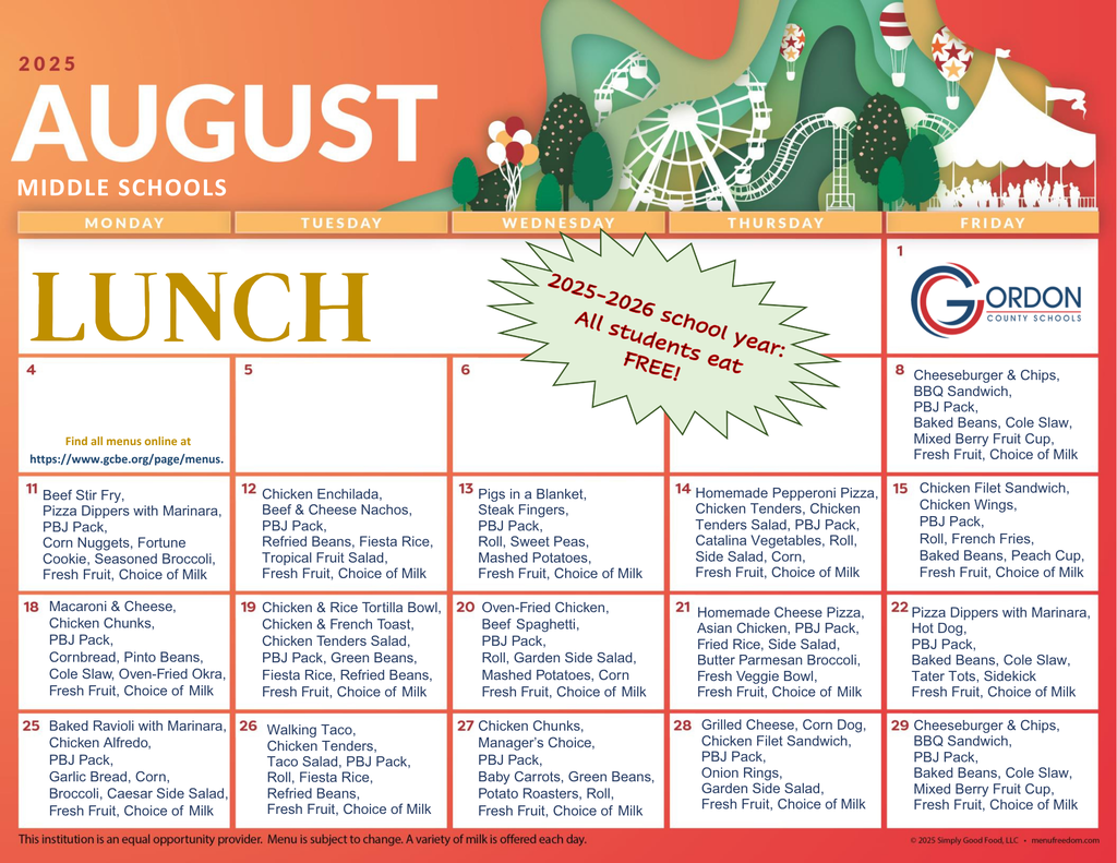 Middle school lunch menus August 2025