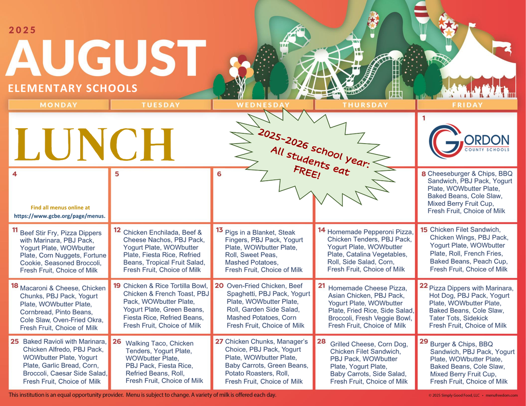 Elementary school lunch menus August 2025