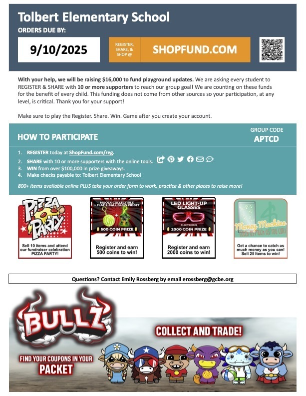 Parent Letter - Our largest PTO fundraiser of the year is officially underway—and we need your support! Goal: We’re asking every family to sell 10 or more items to help us reach our school-wide fundraising target. Funds raised will go toward updating our playground for all students to enjoy. Quick & Easy: Watch this short video to learn how to register and share in under 5 minutes. Digital sales make fundraising simple! Get started today: www.shopfund.com Watch the video: https://vimeo.com/1107912387/6578e7575f If you have any questions or encounter issues with the video or materials, please reach out to Mrs. Rossberg at erossberg@gcbe.org. (Please allow some time for a reply, as she is teaching.) Thank you for helping make this fundraiser a success and supporting our students!